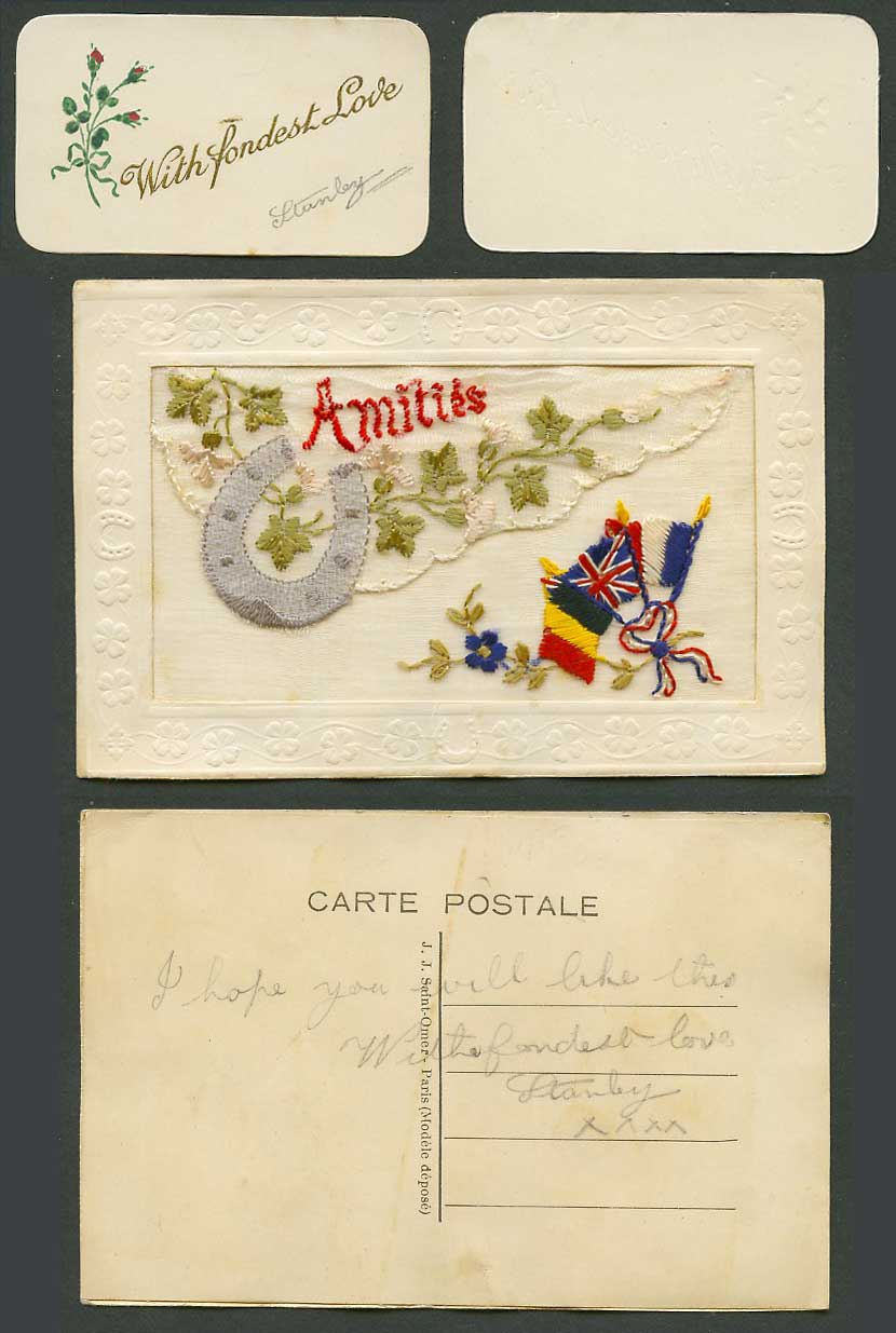 WW1 SILK Embroidered Old Postcard Amities Horseshoe W. Fondest Love Flags Wallet