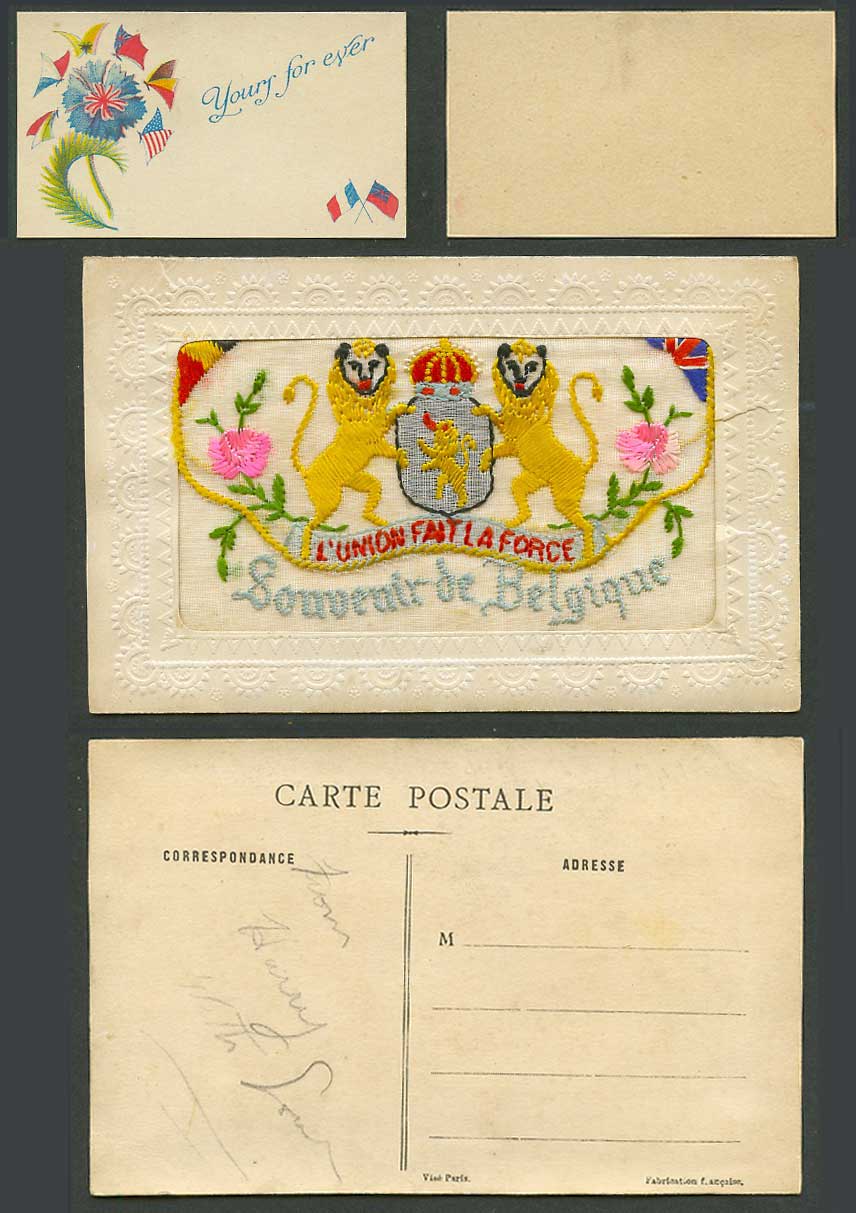 WW1 SILK Embroidered Old Postcard Souvenir de Belgique Belgium Lion Coat of Arms