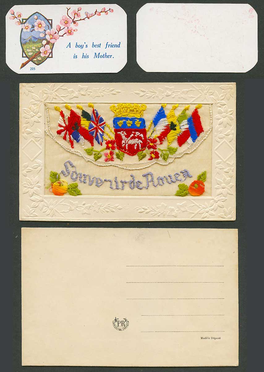 WW1 SILK Embroidered Old Postcard Souvenir de Rouen France, Flags, Arms, Wallet