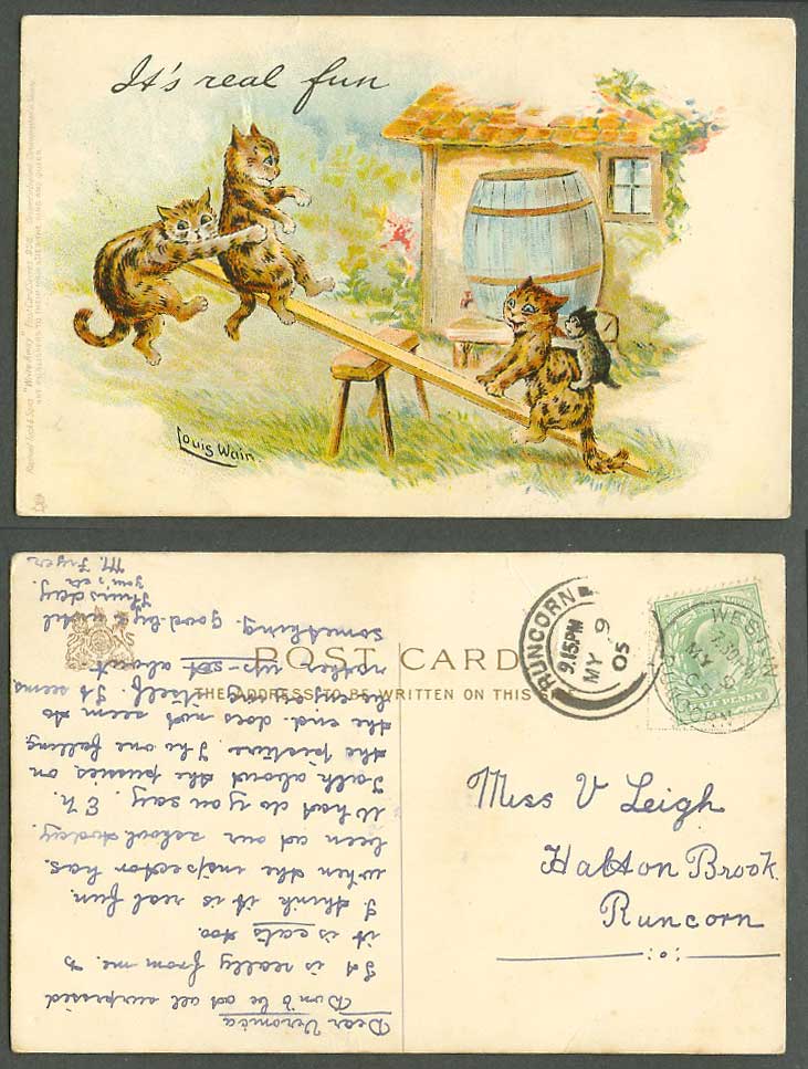 Louis Wain Artist Signed Cats Seesaw It's Real Fun, Write Away 1905 Old Postcard
