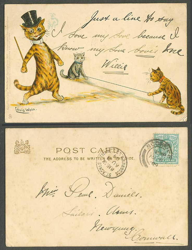 LOUIS WAIN Artist Signed Cats Just a Line Tuck's Write Away 1904 Old UB Postcard
