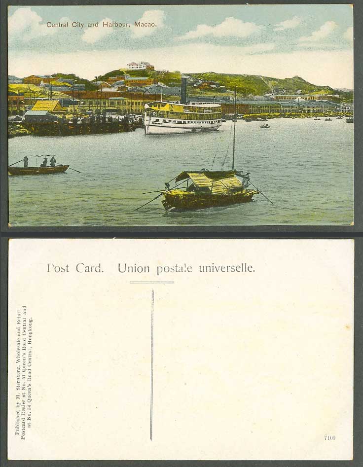 Macau Macao China c.1910 Old Postcard Central City & Harbour WINGCHAI Ferry Boat