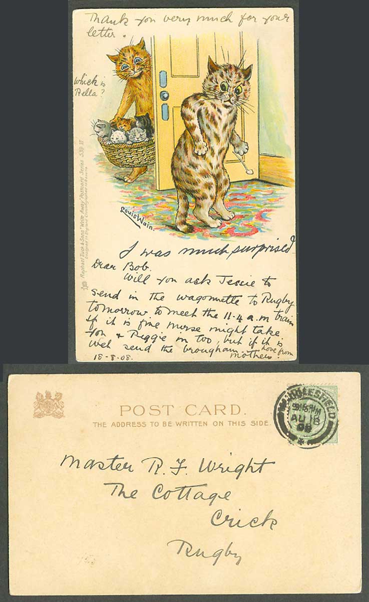 LOUIS WAIN Artist Signed Cats I Was Much Surprised, Write Away 1908 Old Postcard