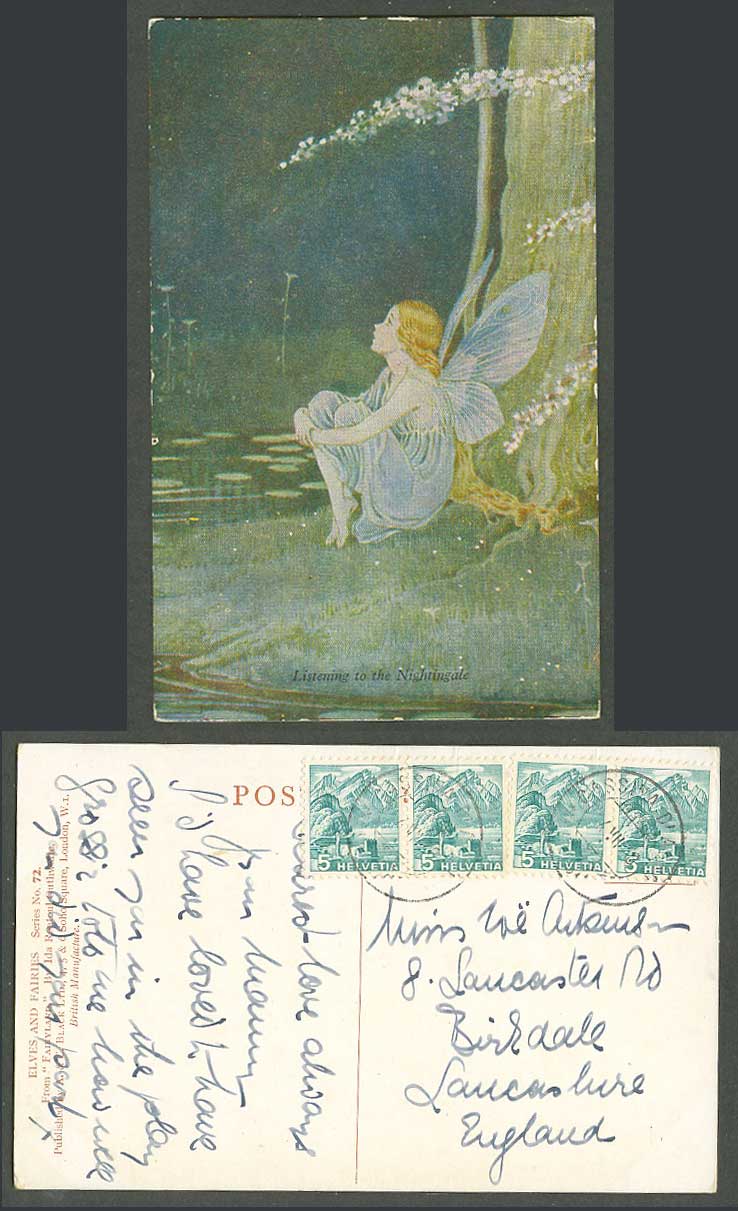 IR Outhwaite 1938 Old Postcard Fairy Girl Listening to The Nightingale Fairyland