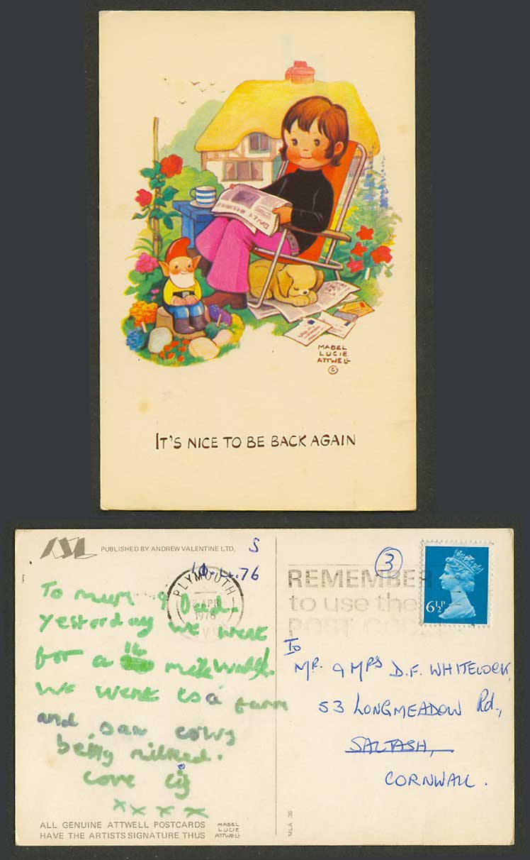 MABEL LUCIE ATTWELL 1976 Postcard Gnome, Dog, It's Nice to Be Back Again. MLA 36