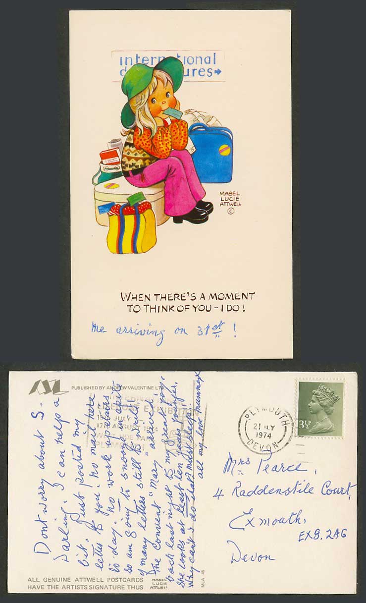 MABEL LUCIE ATTWELL 1974 Postcard Moment to think of U MLA45 Lifeboat Exhibition