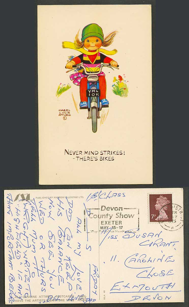 MABEL LUCIE ATTWELL 1975 Postcard Motorcycle Motorbike MLA 40, Devon County Show