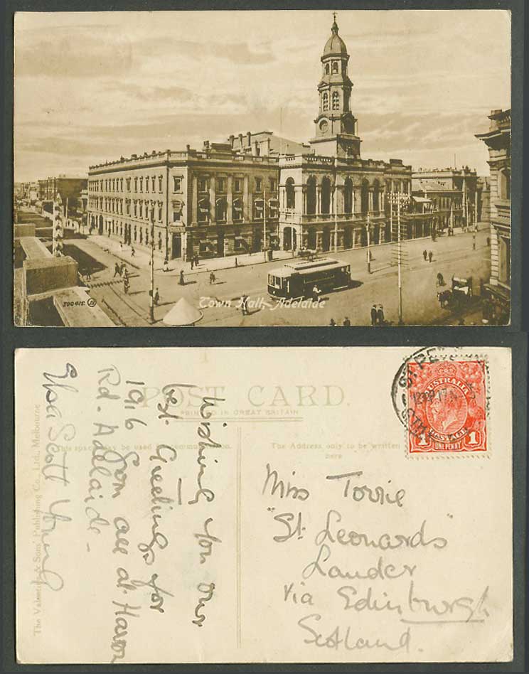 Australia KG5 1d Old Postcard Adelaide Town Hall Clock Tower TRAM Tramway Street