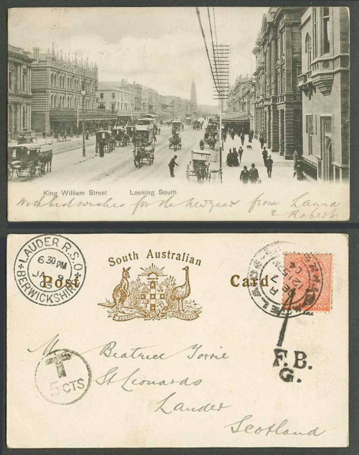 Australia QV 1d. 1904 Old Postcard Adelaide King William Street Look South TRAM