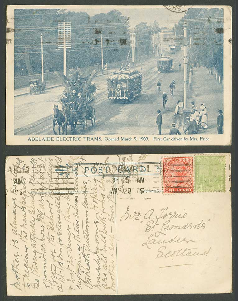 Australia 1908 Old Postcard Adelaide Adelaide Electric Trams, Tram, Street Scene