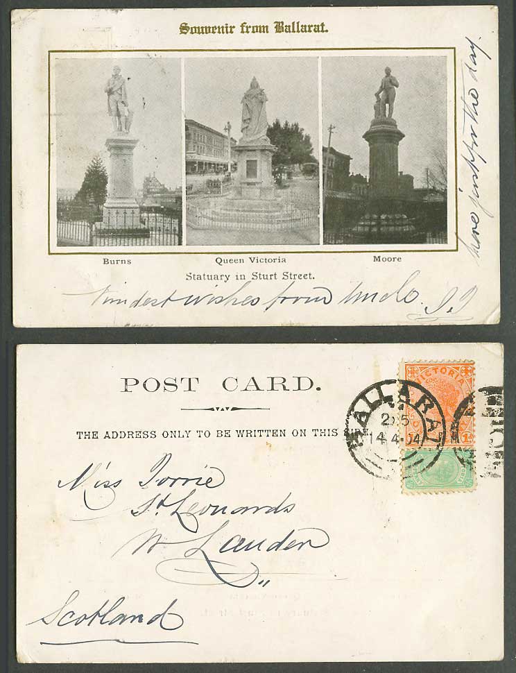 Australia QV 1/2d1d 1904 Old Postcard Ballarat Burns Queen Victoria Moore Statue
