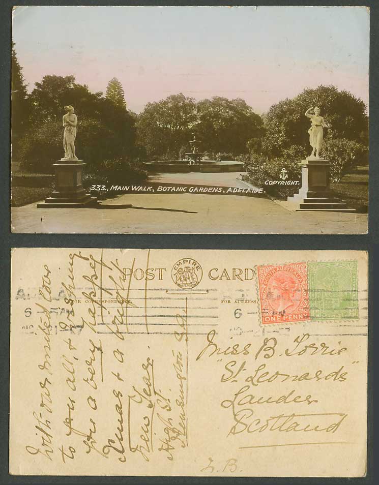 Australia 1/2d QV 1d 1907 Old Postcard Adelaide Main Walk Botanic Gardens Statue