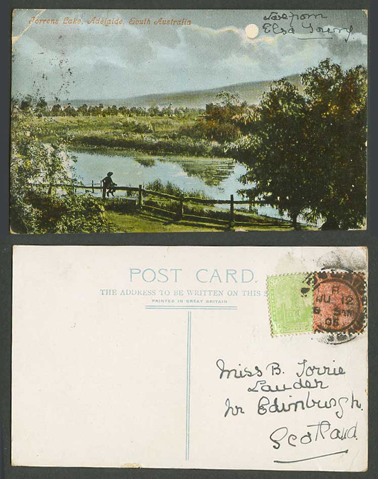 Australia 1905 Old Postcard Adelaide Torrens Lake Full Moon Moonlight Night Hill