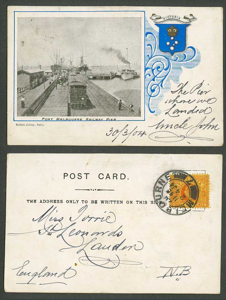 Australia QV 1 1/2d 1904 Old UB Postcard Port Melbourne Railway Pier Train Ships