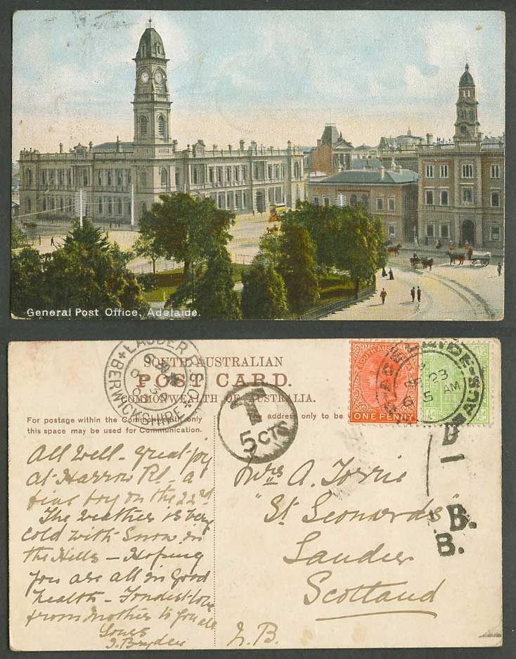 Australia Postage Dues 1/2d QV 1d 1905 Old Postcard Adelaide General Post Office