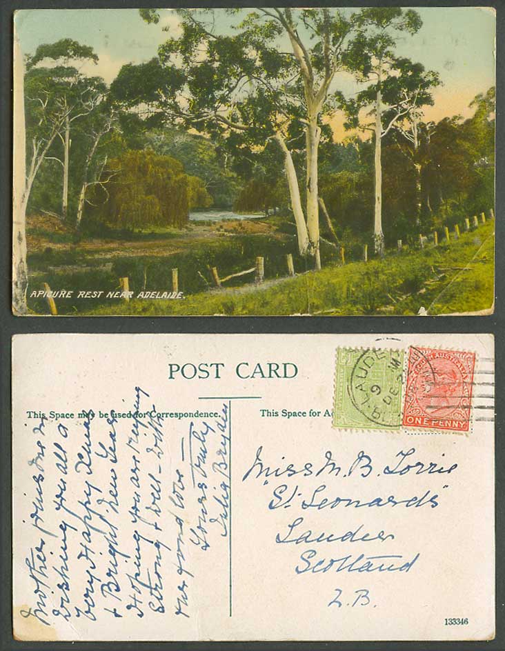 Australia 1/2d & QV 1d 1908 Old Postcard Apicure Rest near Adelaide, River Scene