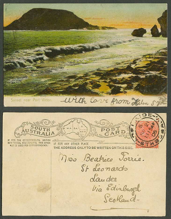 Australia QV 1d 1905 Old Colour Postcard Sunset near Port Victor, Seaside, Rocks