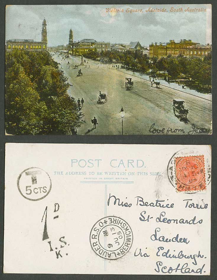 Australia QV 1d & Postage Dues 1905 Old Postcard Adelaide Victoria Square Street