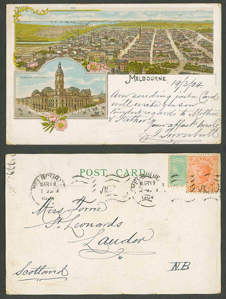 Australia QV 1/2d 1d 1904 Old UB Postcard Melbourne Town Hall Clock Tower Street
