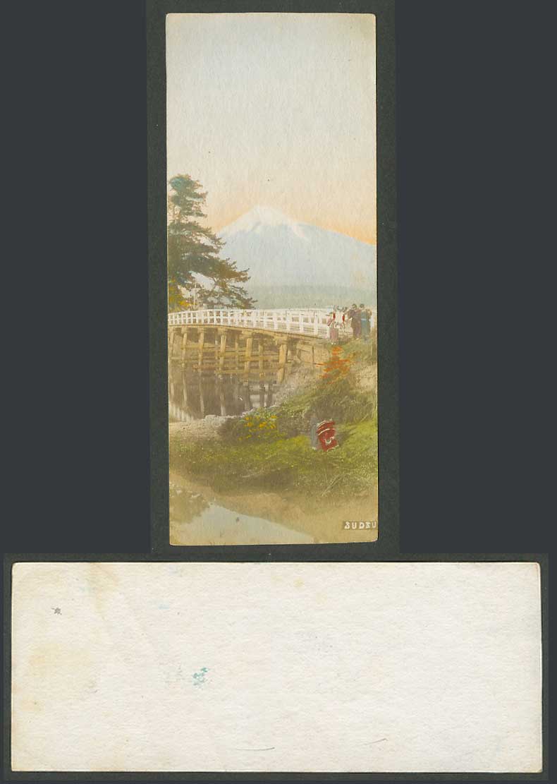 Japan Old Hand Tinted Picture Bookmark Size Mt Fuji from Suzukawa Tokaido Bridge
