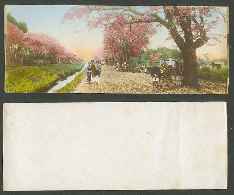 Japan Old Hand Tinted Picture Bookmark Style Cherry Blossoms Rickshaw Geisha Riv