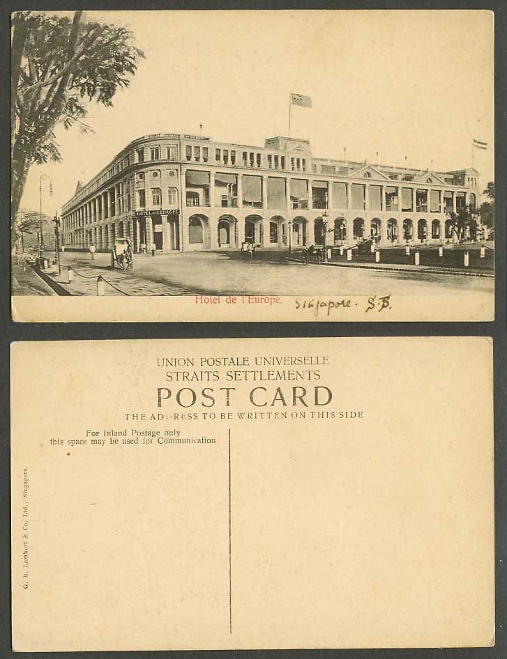 Singapore Old Postcard Hotel de l'Europe, Flag Street Scene Rickshaw Coolie S.S.