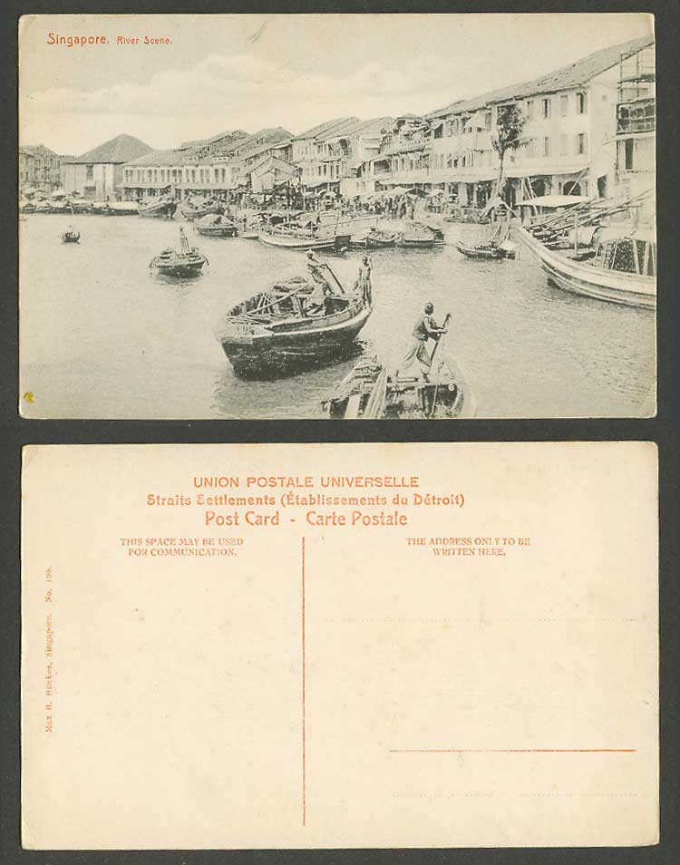 Singapore River Scene Old Postcard Native Boats Sampans Harbour Street Scene 198