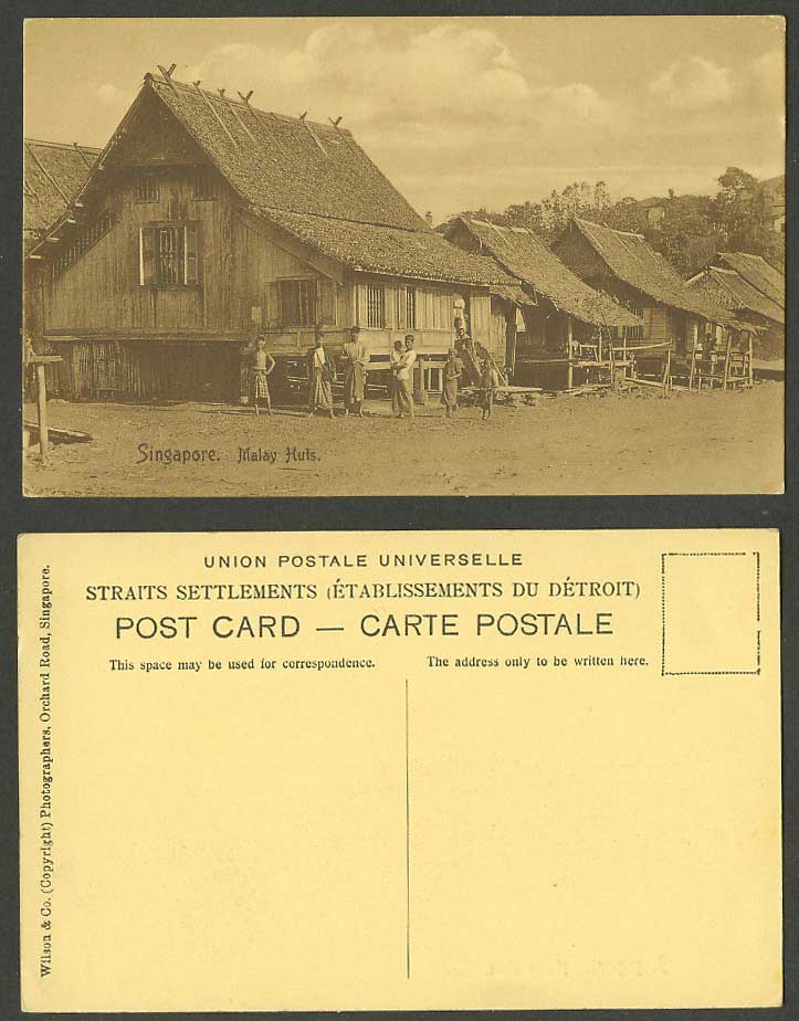Singapore Old Postcard Malay Huts Native Houses on Stilts Children Men Boys Baby