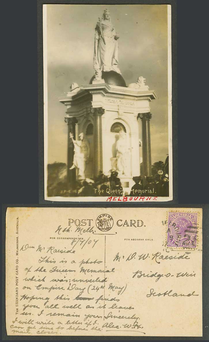 Australia Victoria QV 2d 1907 Old RP Postcard Melbourne, Queen's Memorial Statue