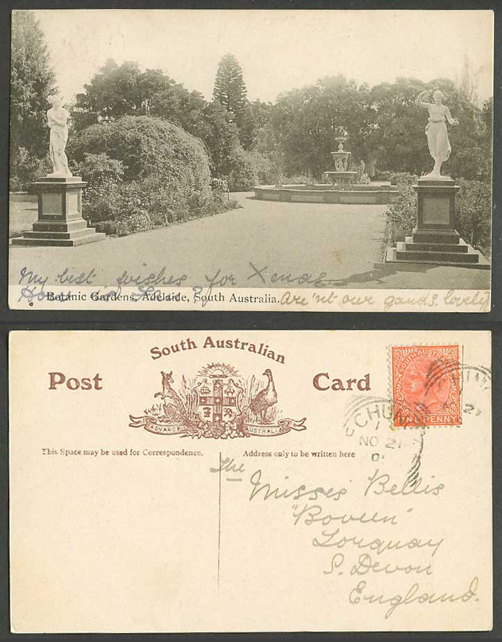 South Australia QV 1d 1905 Old Postcard Botanic Gardens Adelaide Fountain Statue
