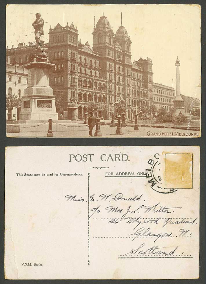 Australia Old Postcard Grand Hotel, Melbourne Victoria, Statue Monument Memorial
