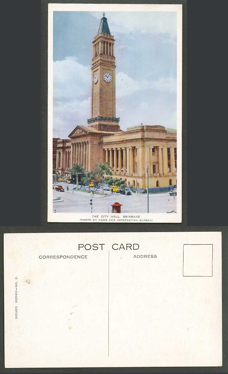 Australia Old Postcard City Hall Clock Tower, Brisbane, Street, Cars, Queensland