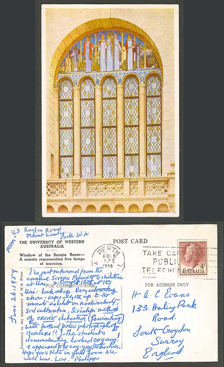 University of Western Australia 1959 Old Postcard Senate Room Window Mosaic Lamp