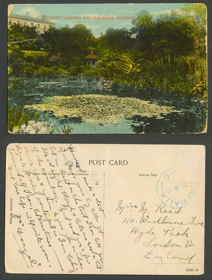 Australia 1913 Old Postcard Treasury Gardens & Buildings Lake Melbourne Victoria
