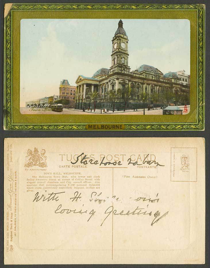 Australia Old Tuck's Postcard Melbourne Town Hall Clock Tower, Street Scene TRAM