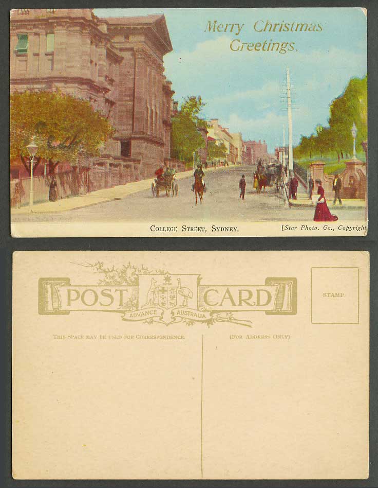 Australia Old Colour Postcard College Street Scene, Sydney, Merry Xmas Greetings