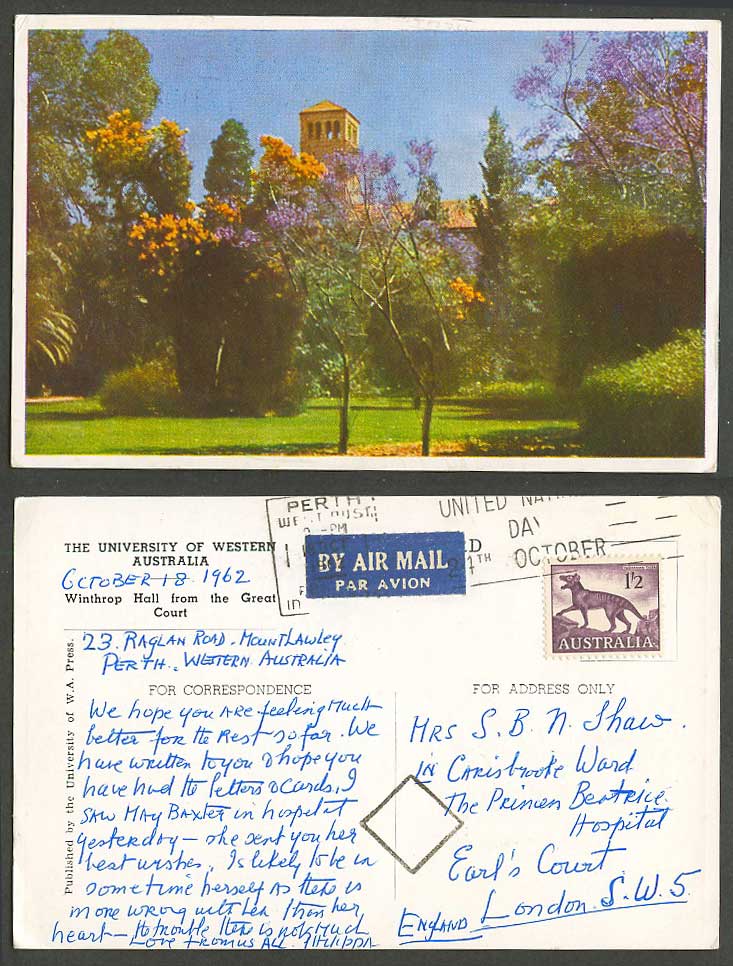 University of Western Australia 1962 Old Postcard Winthrop Hall from Great Court