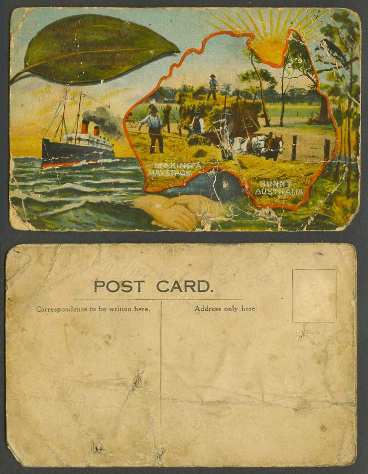 Sunny Australia MAP, Farmers Making a Haystack, Steamer Steam Ship Old Postcard