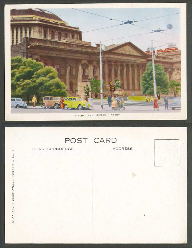 Australia Old Colour Postcard Public Library Melbourne Motor Cars Street Statues