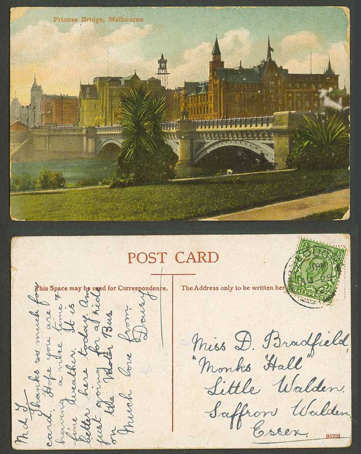 Australia 1912 Old Colour Postcard Princes Bridge, Yarra River Garden, Melbourne