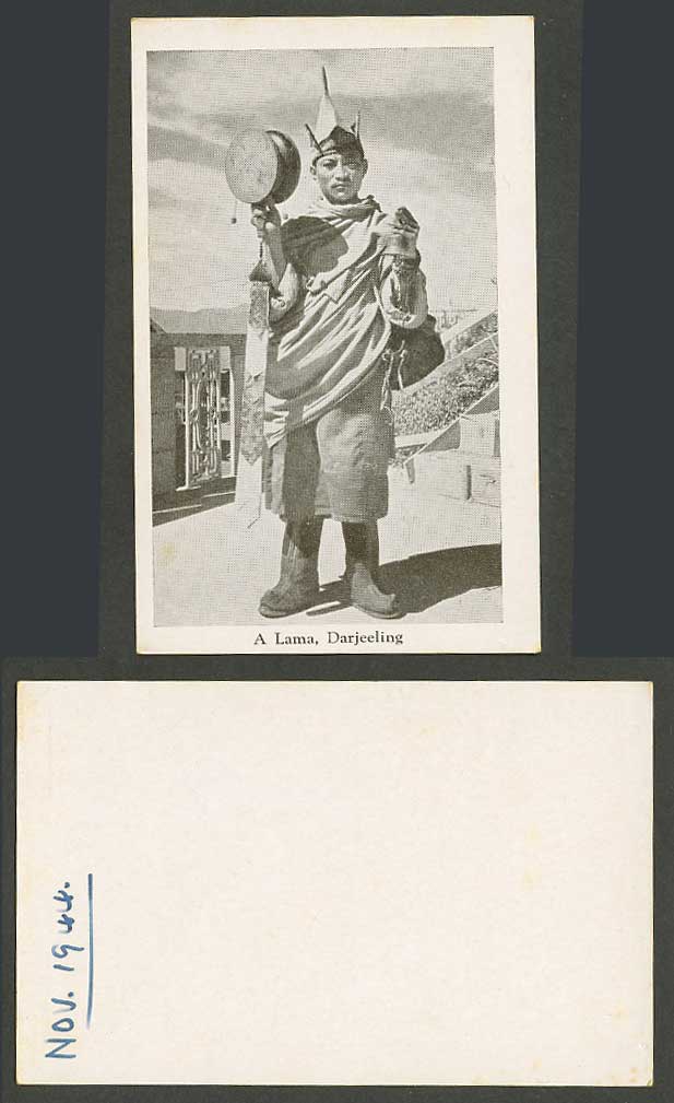 Tibet China India 1944 Old Card A Lama, Tibetan Buddhist Monk Drum Bell Costumes