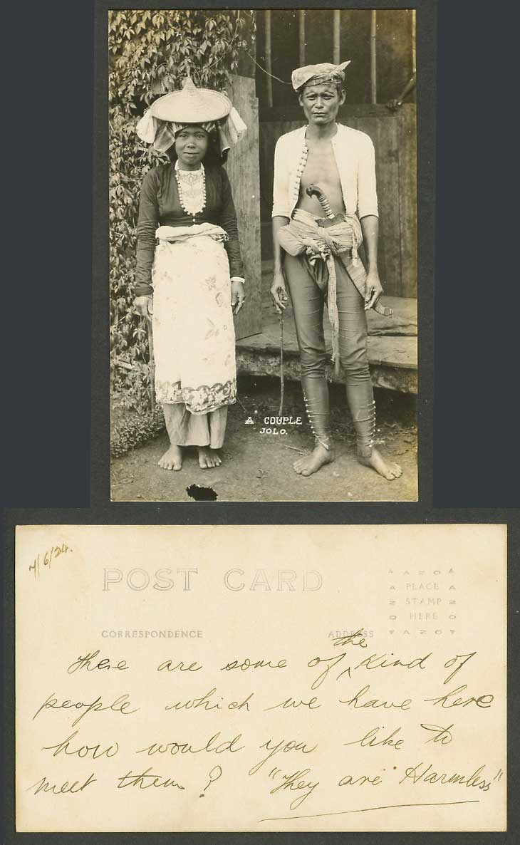 Philippines 1924 Old Real Photo Postcard A Couple Jolo Native Man Woman Costumes