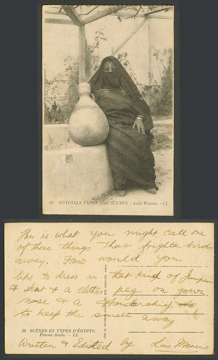 Egypt Old Postcard Native Veiled Arab Woman with Large Pitcher by a Well L.L. 86