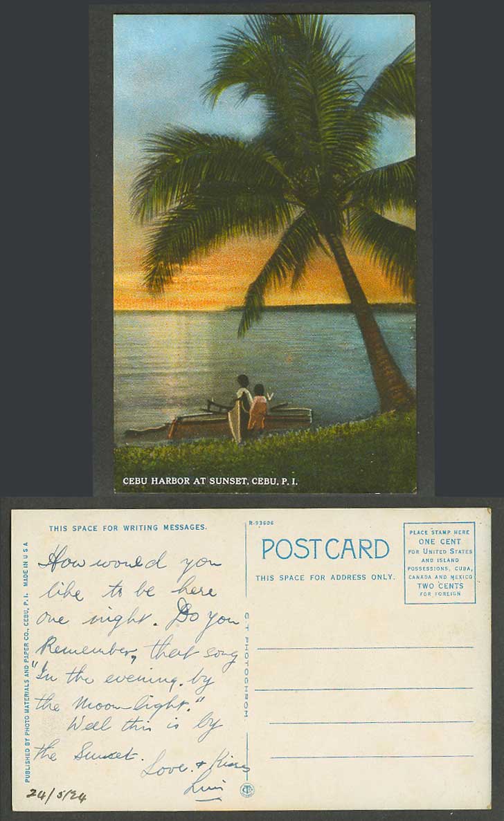 Philippines 1924 Old Colour Postcard Cebu Harbor Harbour at Sunset, Palm Tree PI