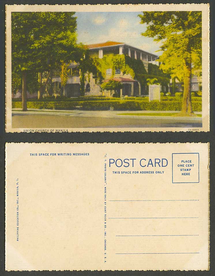 Philippines Old Colour Postcard Union Church of Manila, Street Scene, Trees P.I.