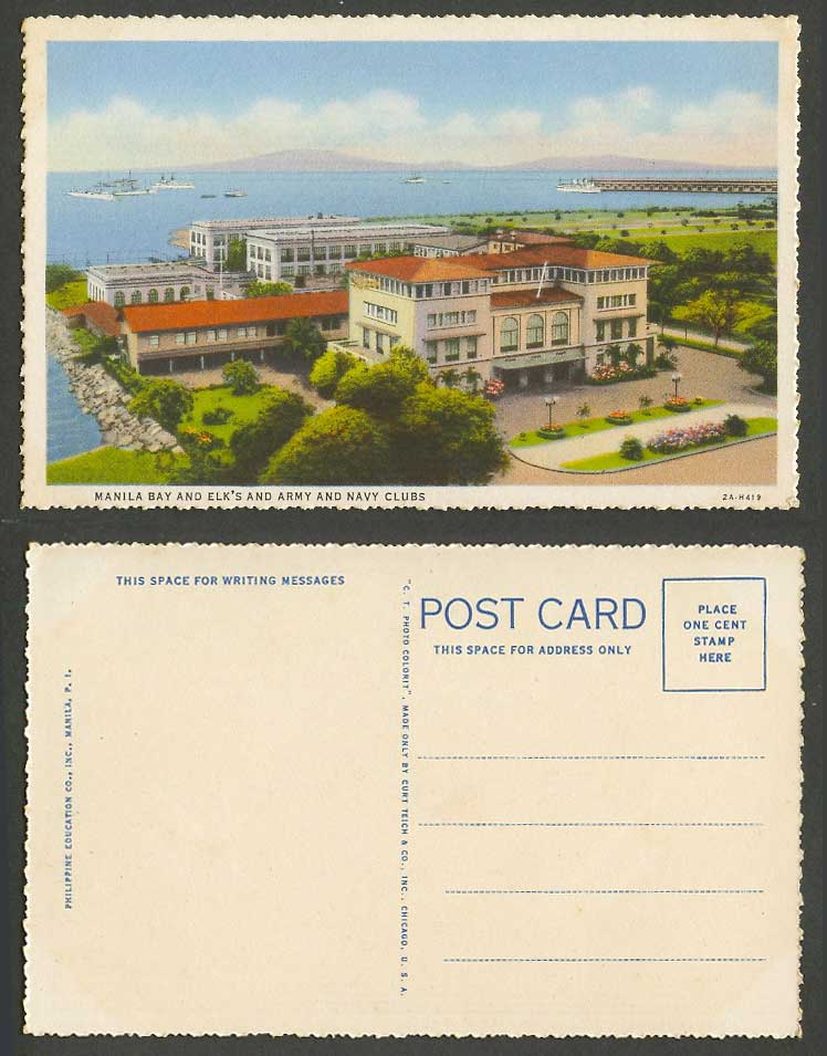 Philippines Old Colour Postcard Manila Bay, Elk's, Army, Navy Clubs Garden Ships