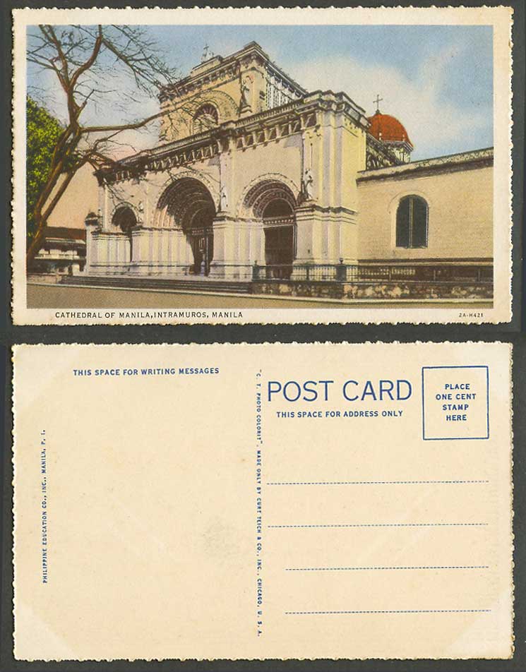 Philippines Old Colour Postcard Cathedral of Manila Intramuros Church Street P.I