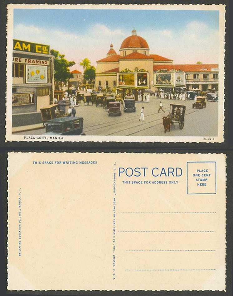 Philippines Old Postcard Manila Plaza Goiti, Street Scene Tramlines Cars Framing