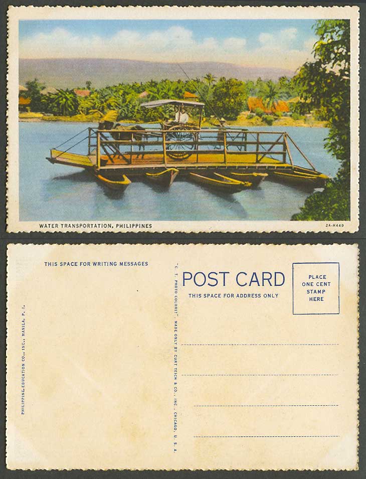 Philippines Old Colour Postcard Water Transportation Horse Cart Boat Ethnic Life