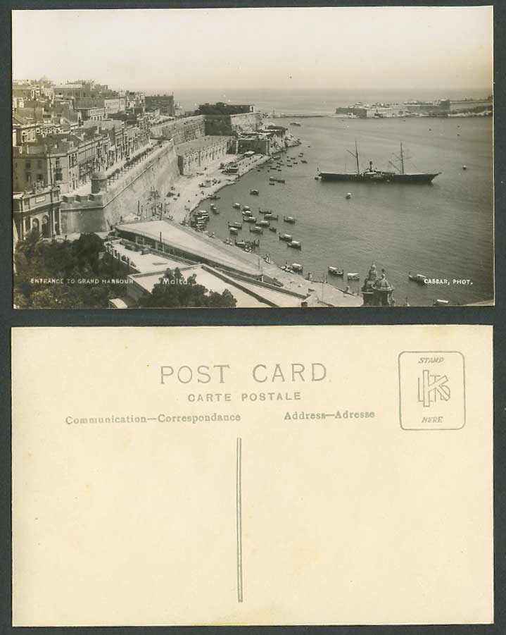 Malta Old Real Photo Postcard Valletta, Entrance to Grand Harbour, DGHAISA Boats